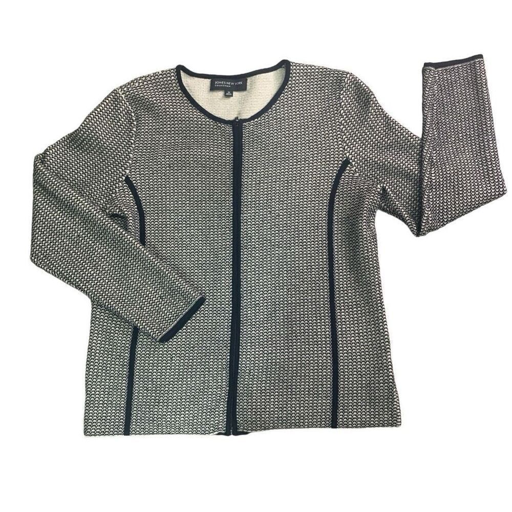 Jones New York Womens Medium Zip Front Cardigan Sweater Black White Metallic